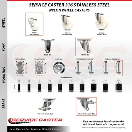 Service Caster 3 Inch 316SS Nylon Swivel 12mm Threaded Stem Caster Total Lock Brake SCC SCC-SS316TSTTL20S314-NYS-M1215